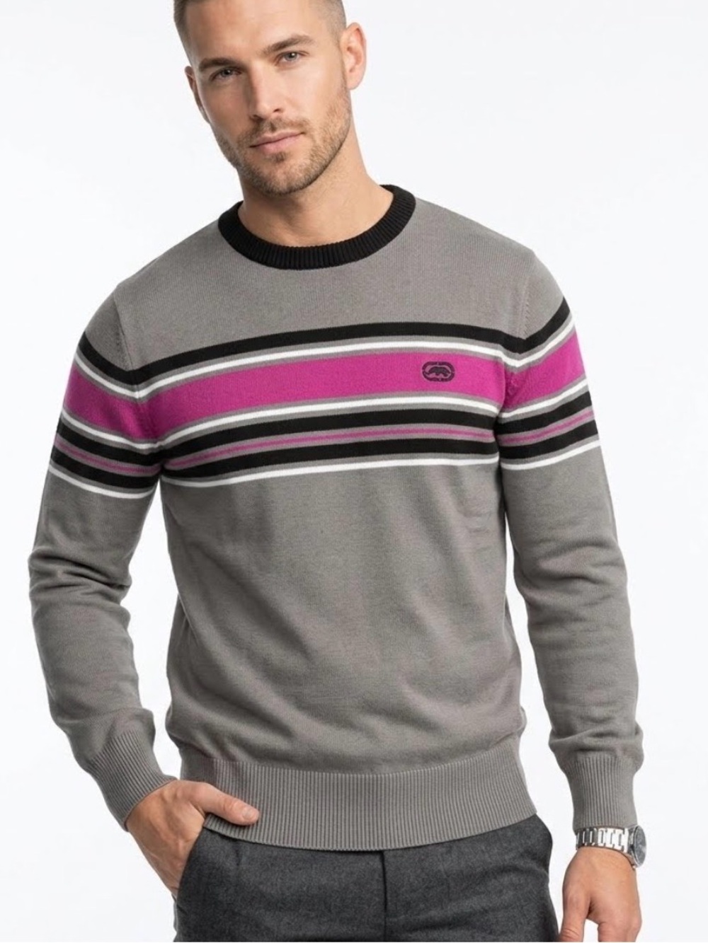 Vintage Ecko Unltd Striped Knit Sweater Grey Pink Rhino Y2K Hip Hop Crew 1865